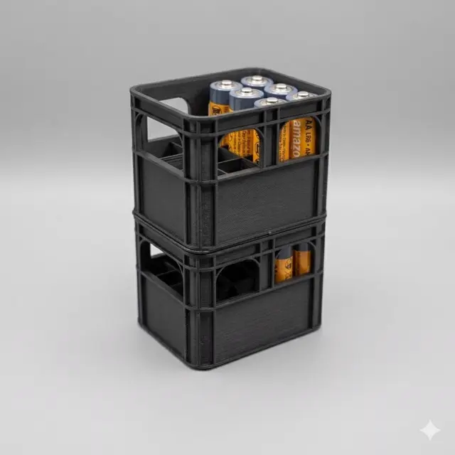 Two stacked black battery crates holding AA batteries