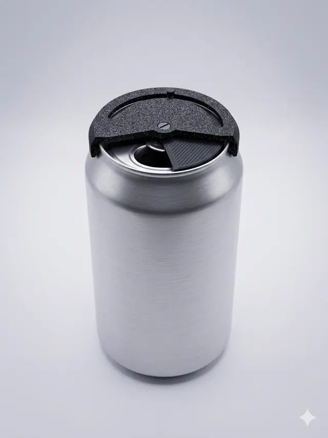 Black textured cover snapped onto a silver can
