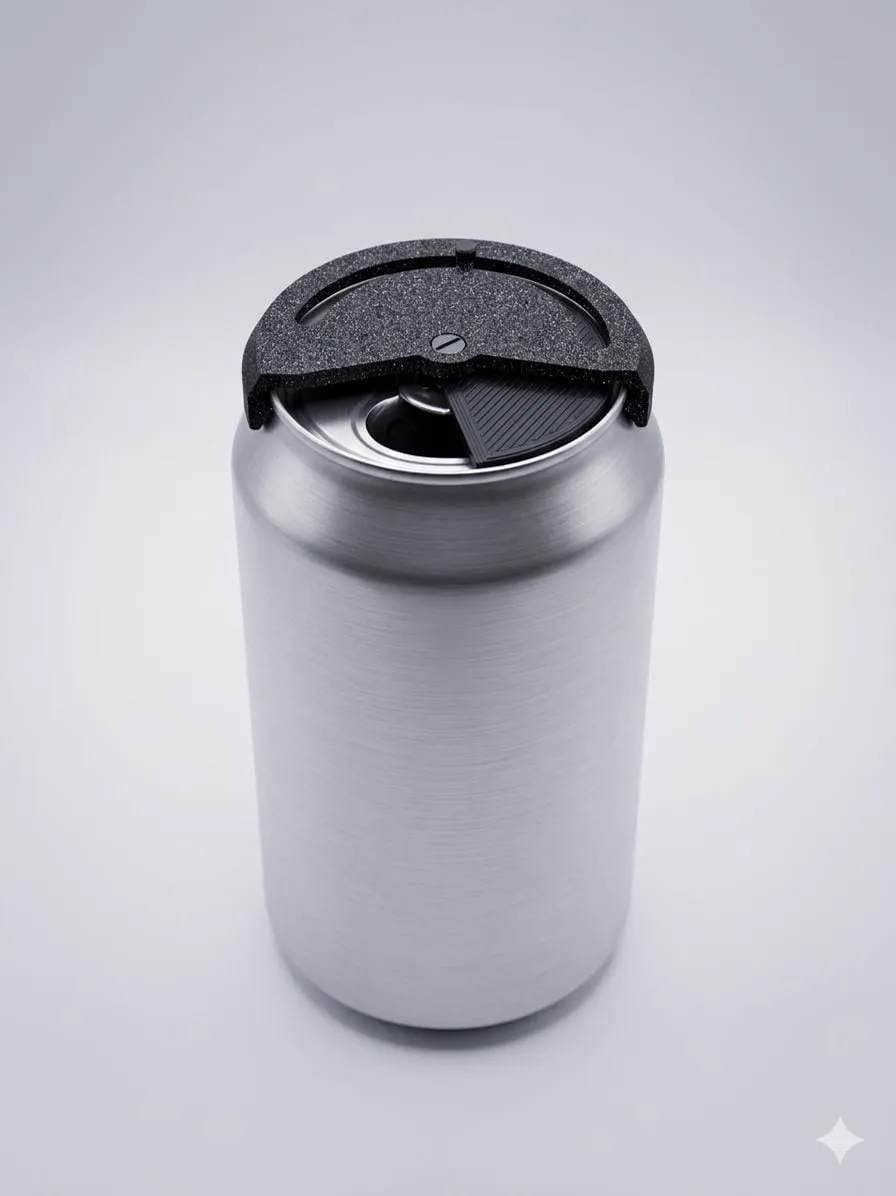Black textured cover snapped onto a silver can