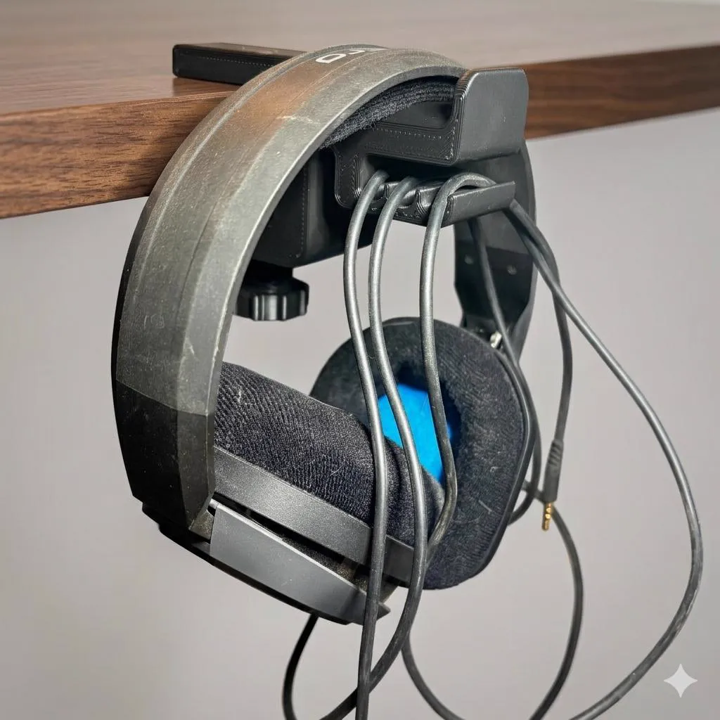 Headphones hanging from the holder clamped under a desk