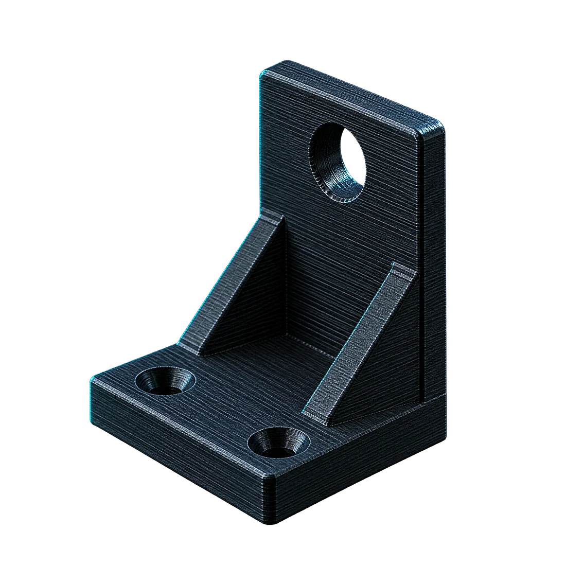 A black 3D printed mounting bracket on the workbench